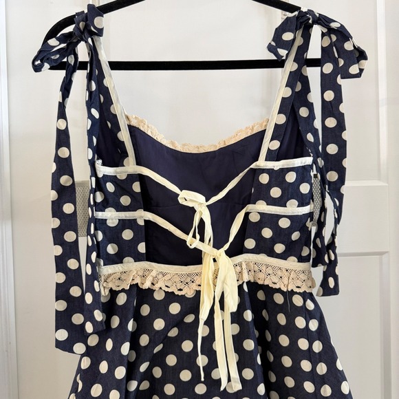 NWT XS For Love & Lemons Dolly Denim Navy Polka Dot Mini Dress Tie Lace Trim